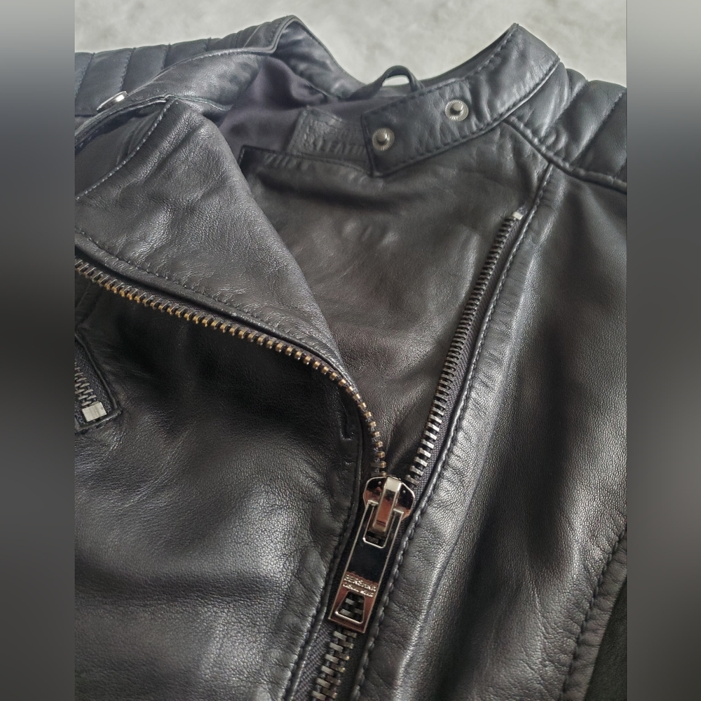 Bershka casull wear Sheep Leather Black Moto Jacket Womens Sz S - Picture 5 of 16